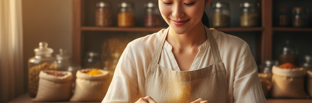561職人美女與古樸黃銅碗香料合影，充滿時光沉澱的辛香料職人精神